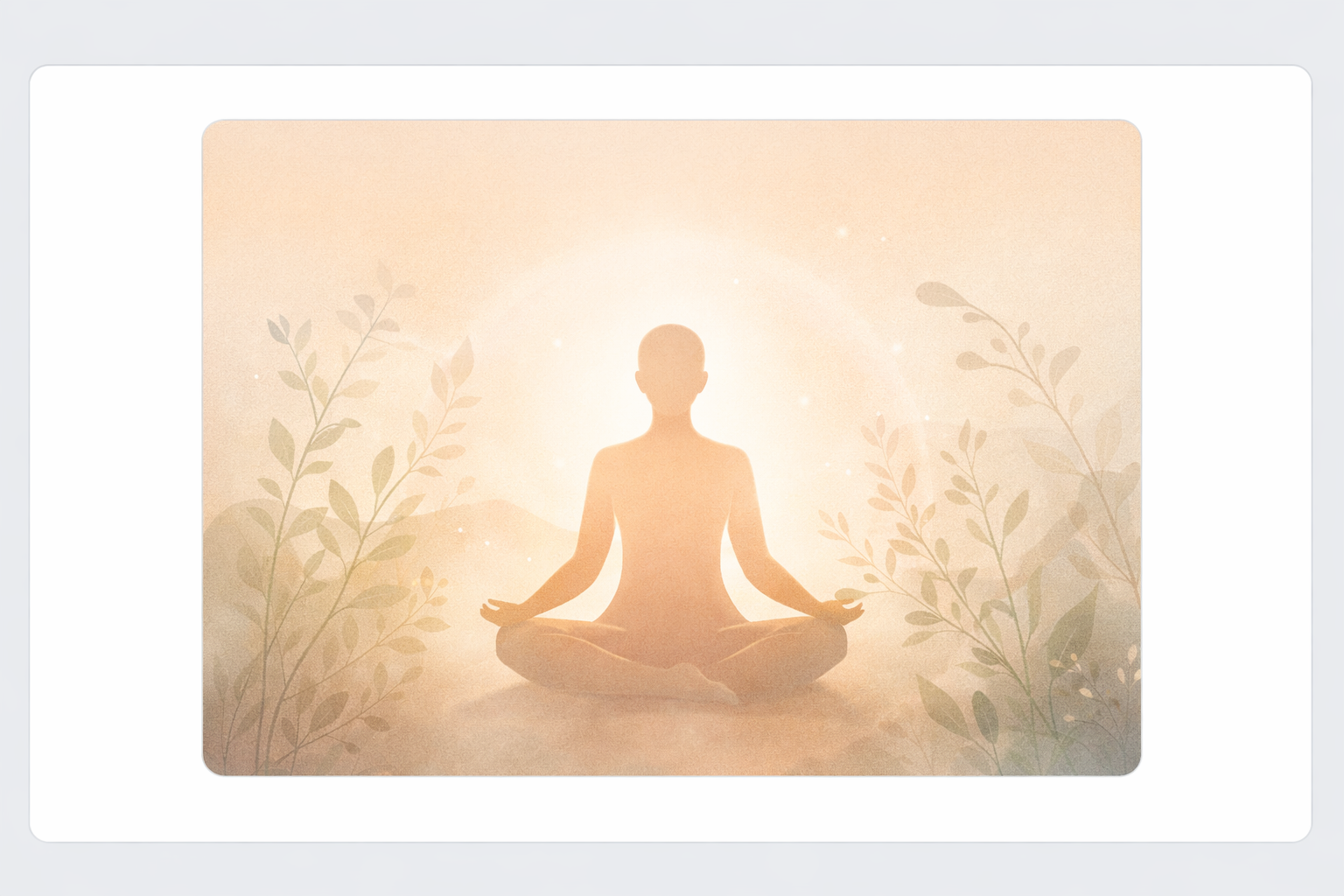 A figure sitting in meditation, surrounded by gentle plants and warm light
